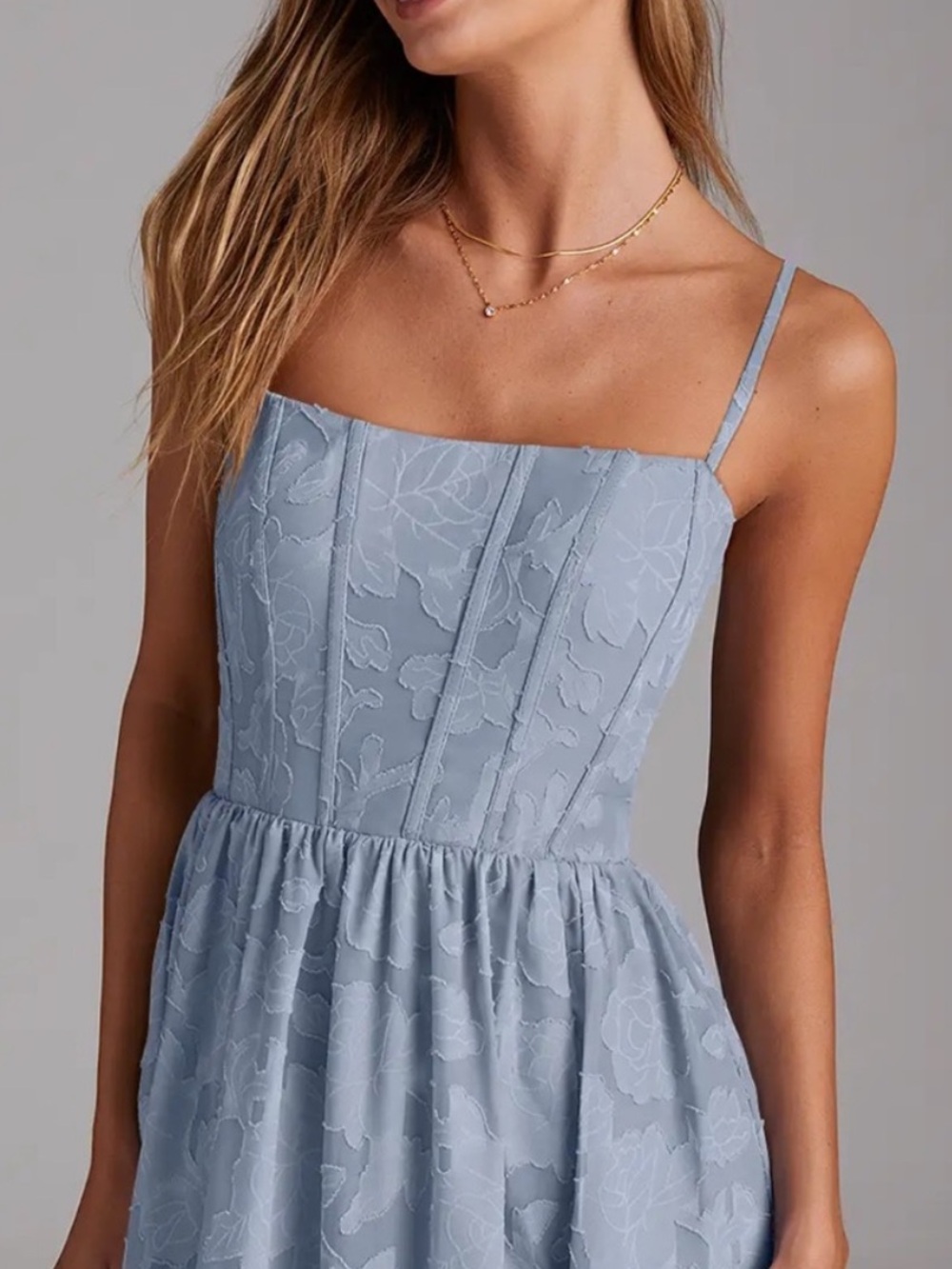 Azazie Delphina Dust Blue A-Line Strapless Floral Dress NWT - Picture 2 of 7